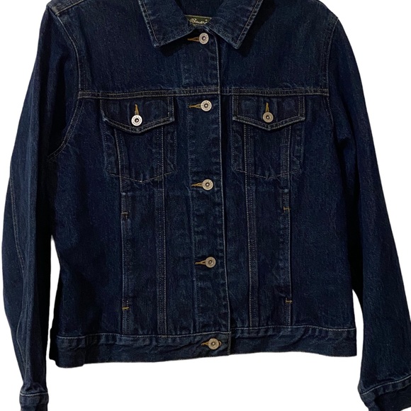 Eddie Bauer Denim Jean Jacket Womens SZ Medium Classic Dark Blue Button Up NWOT - Picture 1 of 6